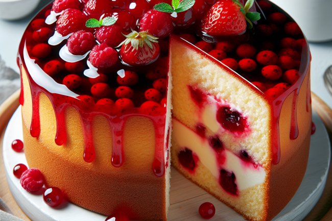 Bolo de Baunilha com Geleia de Frutas Vermelhas